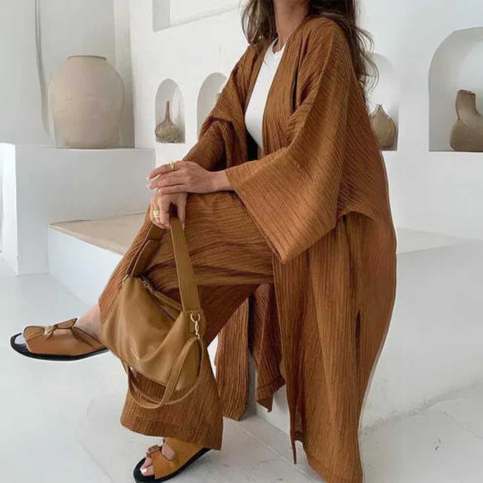 Model Wearing Cora Relaxed Cardigan & Trousers