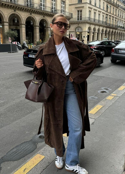 Arlyssia Long Velvet Trench Coat Front View