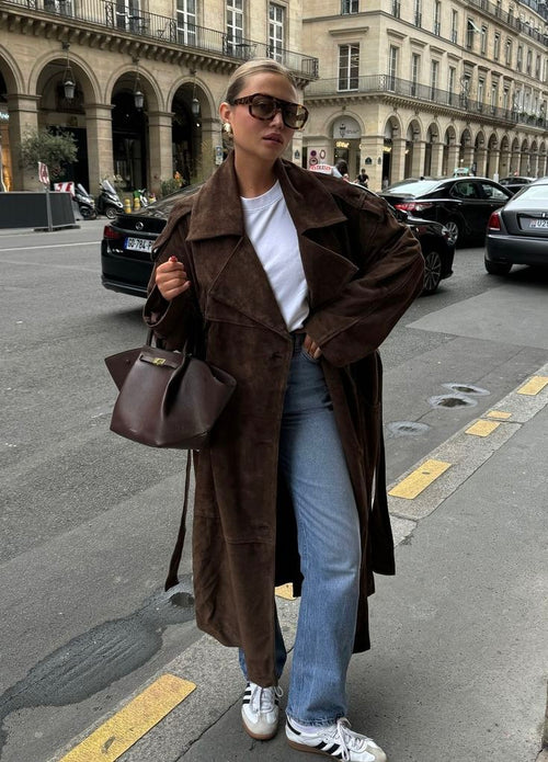 Arlyssia Long Velvet Trench Coat Front View